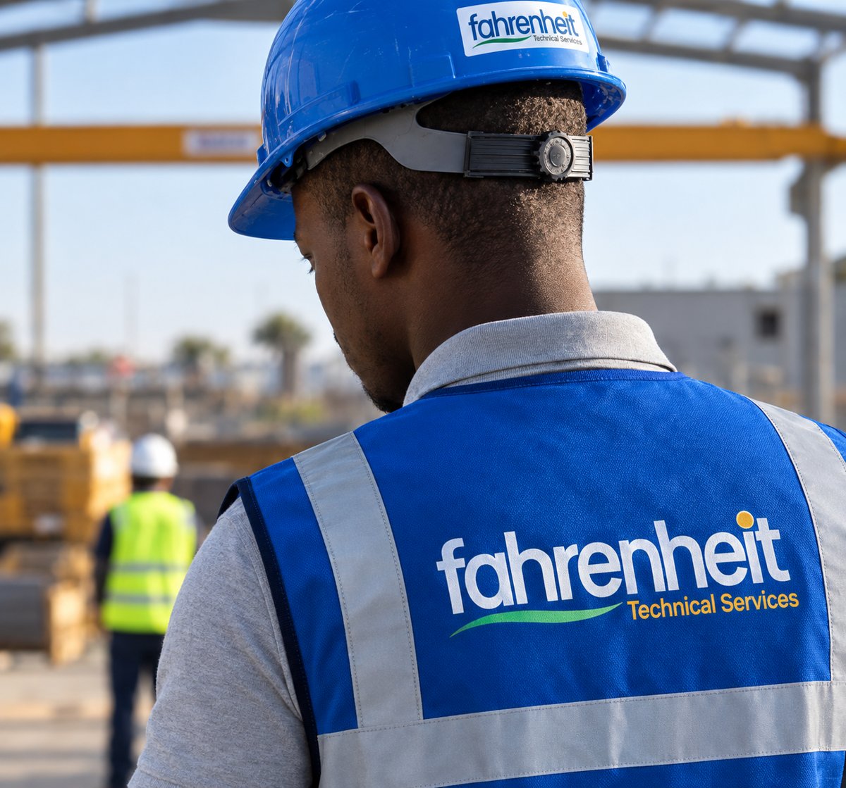 Fahrenheit engineer in branded hard hat and vest on a construction site